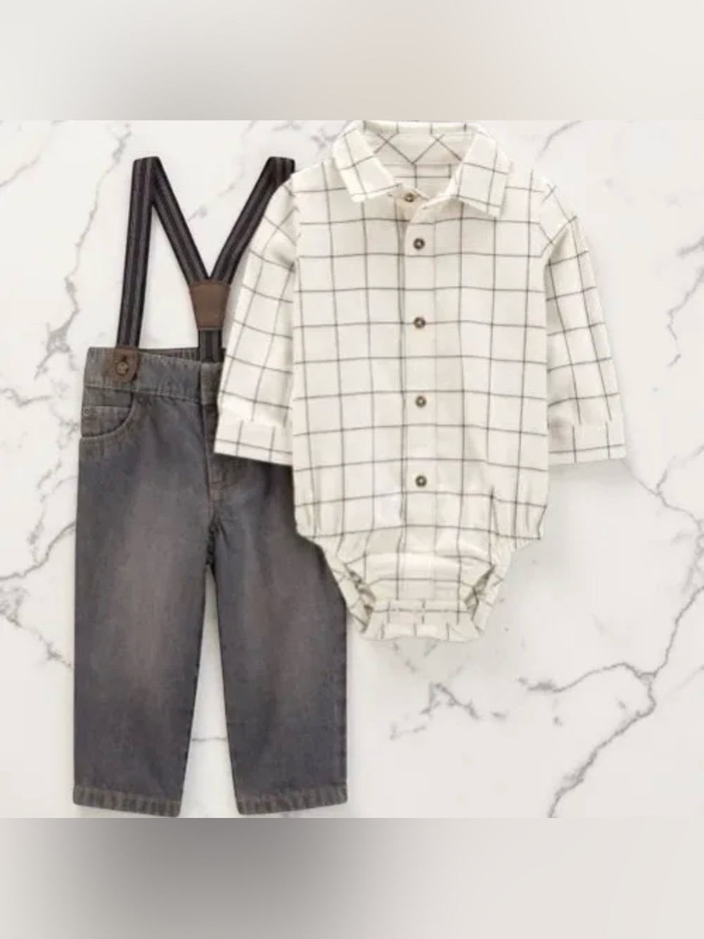 Carter’s Button-Up Bodysuit Pant Set with Suspenders Beige 12 Month NWT